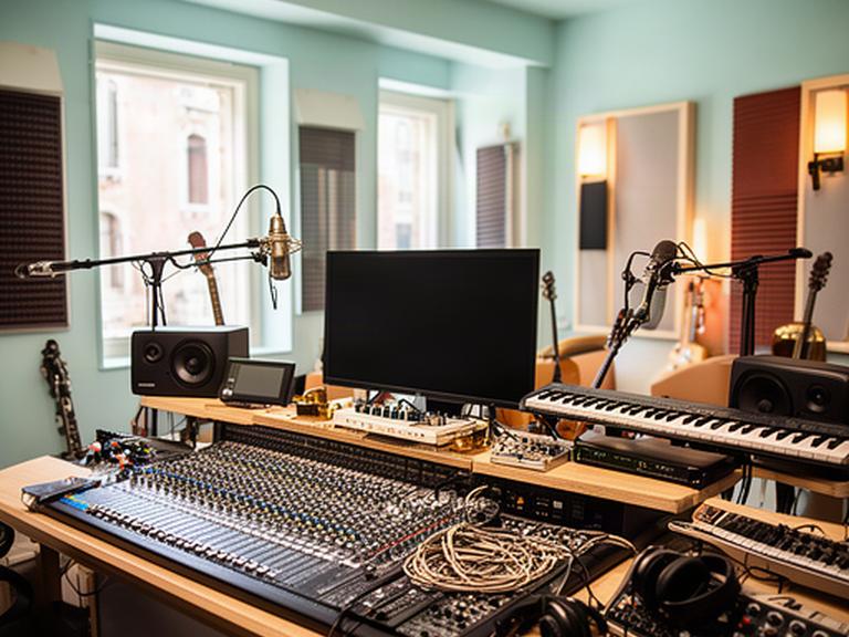 Sala di produzione musicale a Venezia con console audio, monitor da studio e strumenti per la formazione