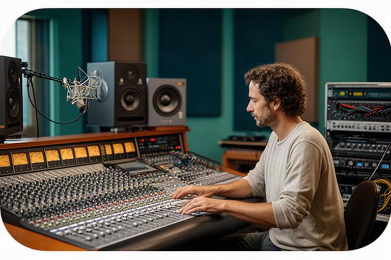 Docente tecnico audio che prepara una sessione con mixer e monitor in uno studio di registrazione