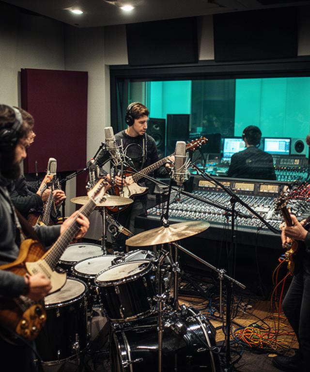 Band veneziana in studio durante una registrazione multitraccia con batteria, chitarre e regia audio