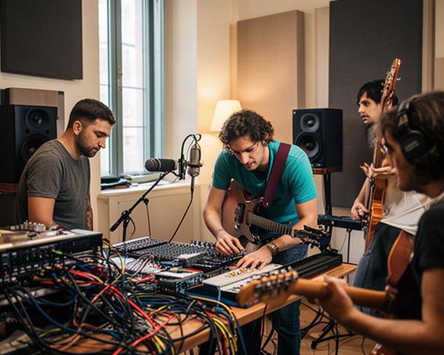 Musicisti e producer al lavoro in uno studio veneziano con strumenti, cavi audio e luce naturale